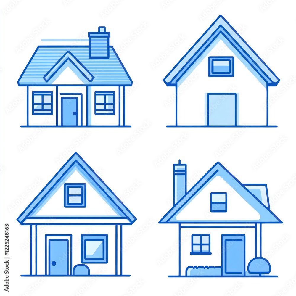 Four Simple Blue House Illustrations Displayed Together Four Simple Blue House Illustrations Displayed Together