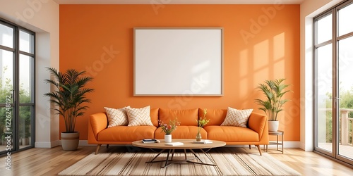 Modern Orange Living Room Decor With Large Frame