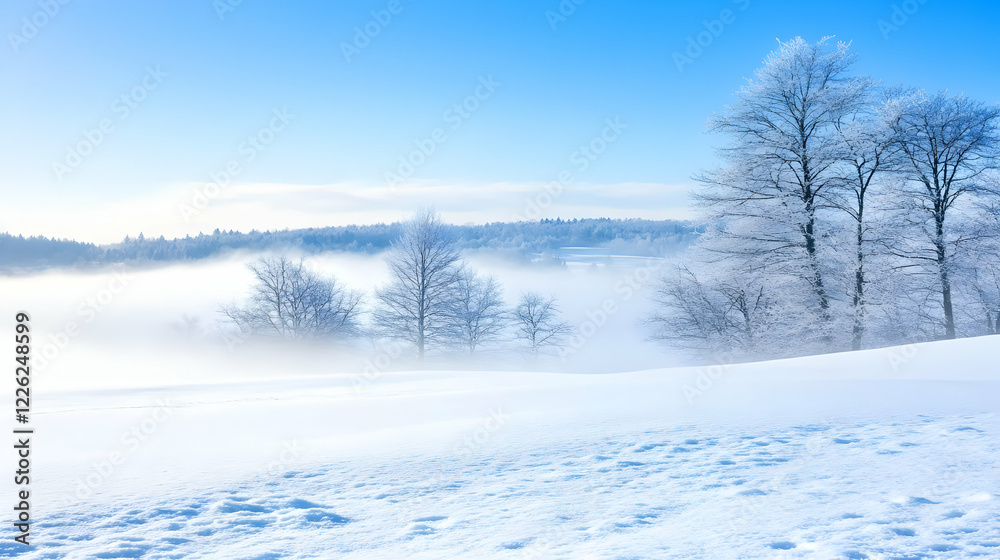 Frosty winter landscape, snowy field, fog, trees Frosty winter landscape, snowy field, fog, trees