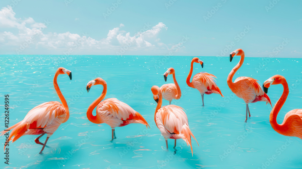 Obraz premium Pink Flamingos Gather in Tropical Paradise. Exotic Birds Wading in Azure Water. Wildlife Scene.