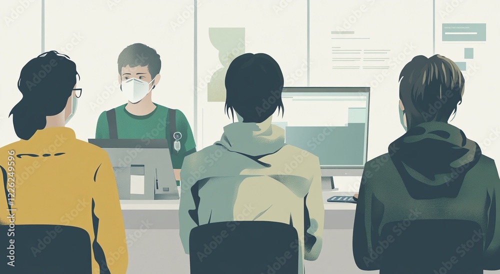 Fototapeta premium Masked Individuals Await Service at Counter, Following Safety Protocols in Public Space.