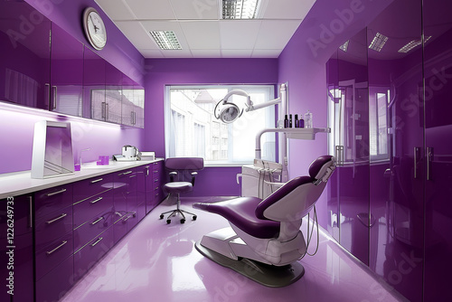 Modern, Purple Dental Office with Open Floor Plan. Contemporary Dentist Office Interior Design.