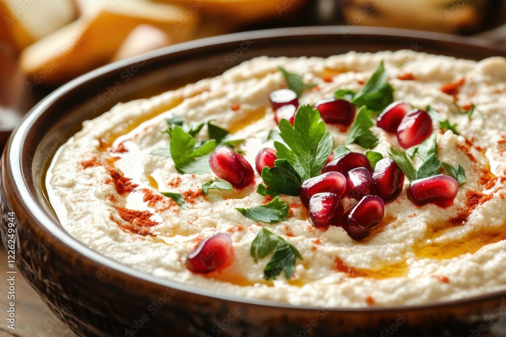 Creamy hummus topped with pomegranate seeds and parsley. Perfect for showcasing Middle Eastern cuisine or healthy eating. Creamy hummus topped with pomegranate seeds and parsley. Perfect for showcasing Middle Eastern cuisine or healthy eating.