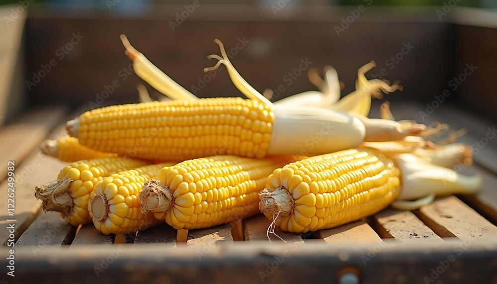 Fresh Sweet Corn Harvest on Wooden Table Fresh Sweet Corn Harvest on Wooden Table