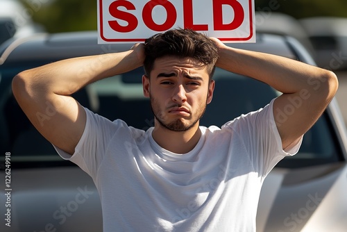 Stressed Young Man Holding Sold Sign in Front of Car Shows Buyer Remorse or Purchase Anxiety : Generative AI