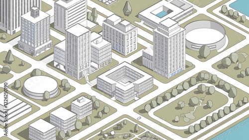 Fototapeta Naklejka Na Ścianę i Meble -  A line art isometric illustration of a city with various architectural structures.