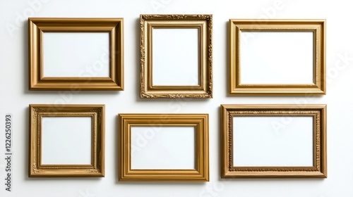 Six empty gold frames arranged on a wall, ready for artwork or photos.