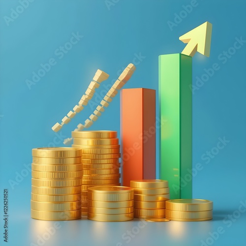 Bitcoin Stacks with Rising Gold Arrow on a Dark Background Representing Cryptocurrency Growth, Investment Opportunities, and Market Trends