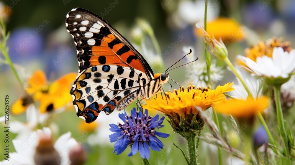 A vibrant butterfly perched on colorful flowers in a lush garden setting. A vibrant butterfly perched on colorful flowers in a lush garden setting.