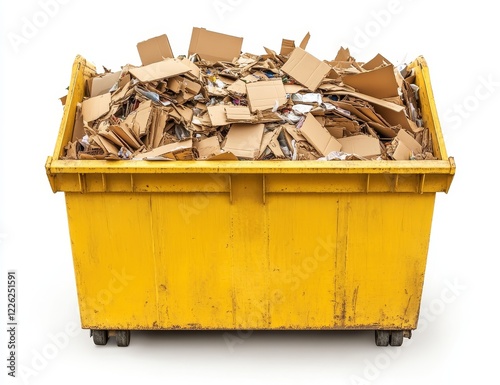 Overfilled yellow dumpster with shredded cardboard and paper waste.