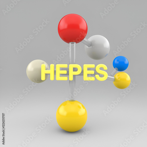 HEPES buffering agent molecule. 3D rendering. Atoms are represented as spheres with conventional color coding: hydrogen (white), carbon (grey), oxygen (red), nitrogen (blue), sulfur (yellow). photo