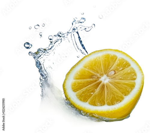 Fresh lemon slice splashing in clear water isolated on transparent background