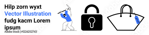 Miner in blue shirt striking ground, black padlock with keyhole, handbag with dangling price tag. Ideal for security, mining, e-commerce, retail, online shopping, locksmith and technology concepts