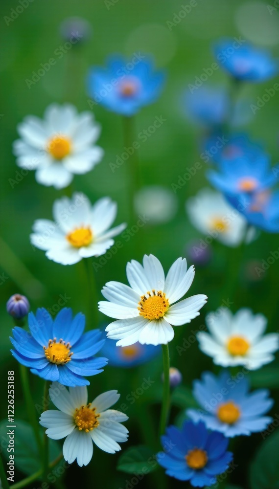 Fototapeta premium field of small white and blue flowers in full bloom, floral, nature, petals