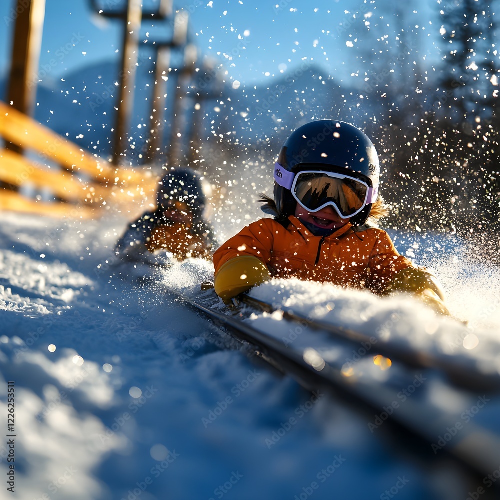 Children Playing in Snow at Ski Resort on a Bright Sunny Day Children Playing in Snow at Ski Resort on a Bright Sunny Day