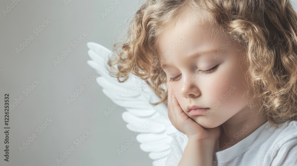 Child with angel wings reflecting in a serene moment, showcasing innocence and tranquility in soft light Child with angel wings reflecting in a serene moment, showcasing innocence and tranquility in soft light