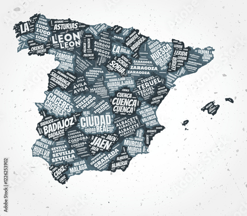 Spain regions word clouds. Country shape on textured background. Spain design in typographic style. Amazing vector illustration.