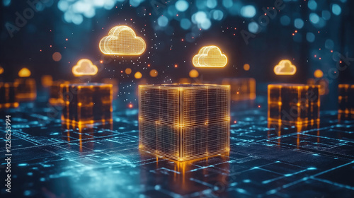 Digital cloud technology concept with futuristic cube structures and glowing network connections photo