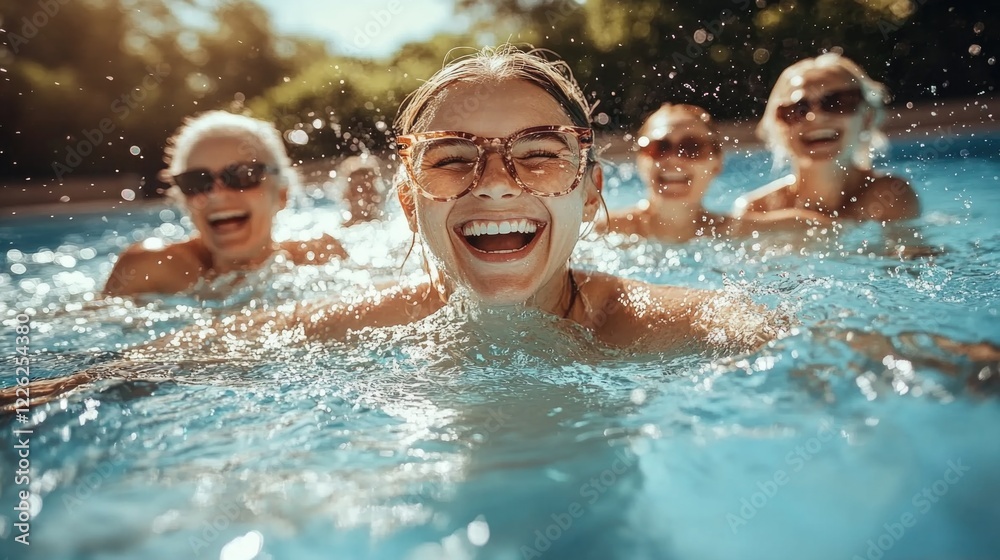 Group of young caucasian women enjoying day swimming in outdoor pool under sunlight Group of young caucasian women enjoying day swimming in outdoor pool under sunlight