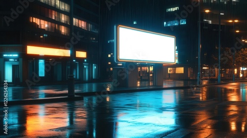 urban night scene with illuminated empty billboard neon city lights reflection rainslicked streets modern storefront photo