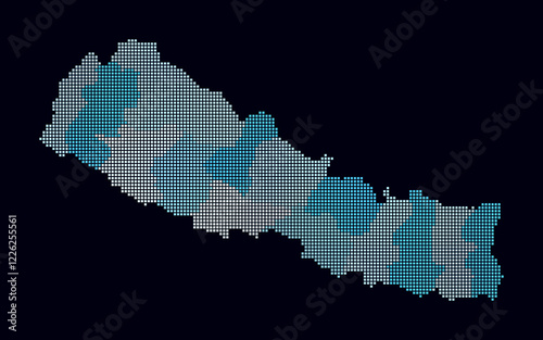 Nepal dotted map. Digital style map of the country on a dark background. Nepal shape with square dots. Colored dots style. Small size squares. Artistic vector illustration.