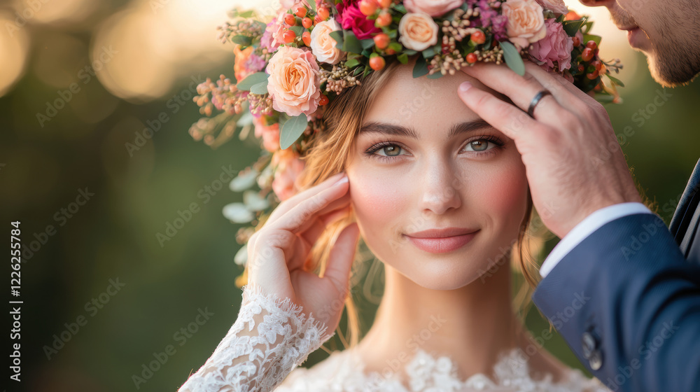 Obraz premium Cozy and intimate wedding ceremony concept. A beautiful bride adorned with a floral crown, gently touched by her partner, radiating love and joy in a romantic outdoor setting.