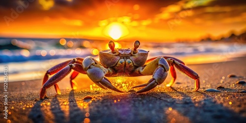 Panoramic Beach Crab Photo - Ultra Sharp Sandy Shore Bokeh Lights Seascape photo