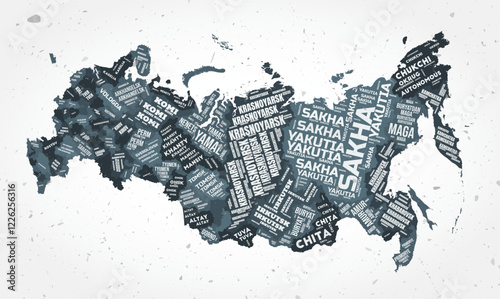 Russia regions word clouds. Country shape on textured background. Russia design in typographic style. Stylish vector illustration.