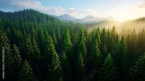 Serene Forest Landscape at Sunrise with Mountain Background