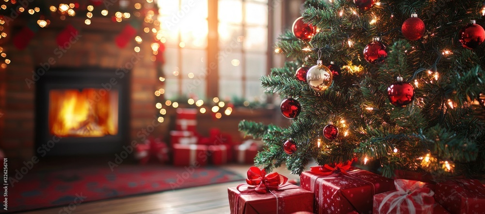 Traditional Christmas Tree with Red and Silver Decorations Bright Lights and Wrapped Presents Traditional Christmas Tree with Red and Silver Decorations Bright Lights and Wrapped Presents
