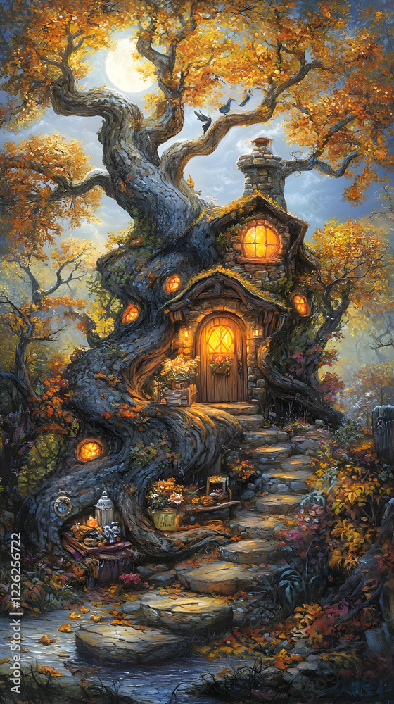 Obraz premium Autumnal tree house, moonlit forest, fantasy art, book cover