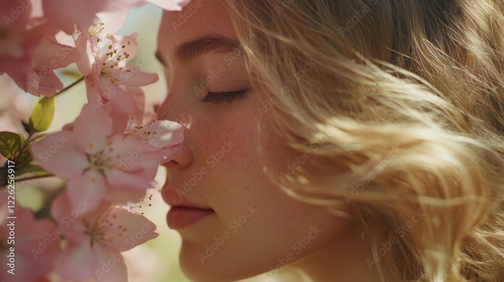 Young woman enjoys the scent of pink blossoms during springtime in a vibrant garden