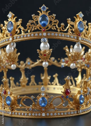 Golden crown adorned with precious gems and pearls, luxury, golden crown