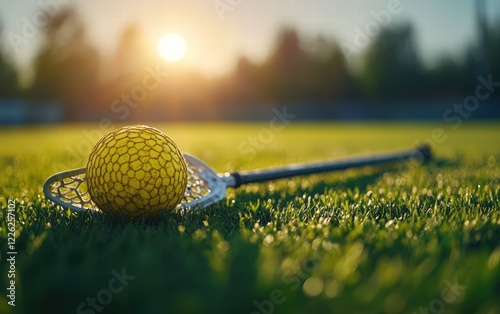 Golden hour lacrosse: Stick and ball rest on the lush green field, bathed in the warm sunset glow. photo