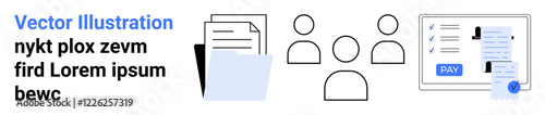 Figures, file folders, and a digital checklist with Pay assist in visualizing collaboration, data management, payment processing, and shared work tasks. Ideal for teamwork, organization, finances