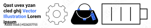 Gear cog, black handbag with blue accents, and a battery symbol emphasizing manufacturing, style, and energy. Ideal for innovation, design, industry, sustainability fashion trends technology flat