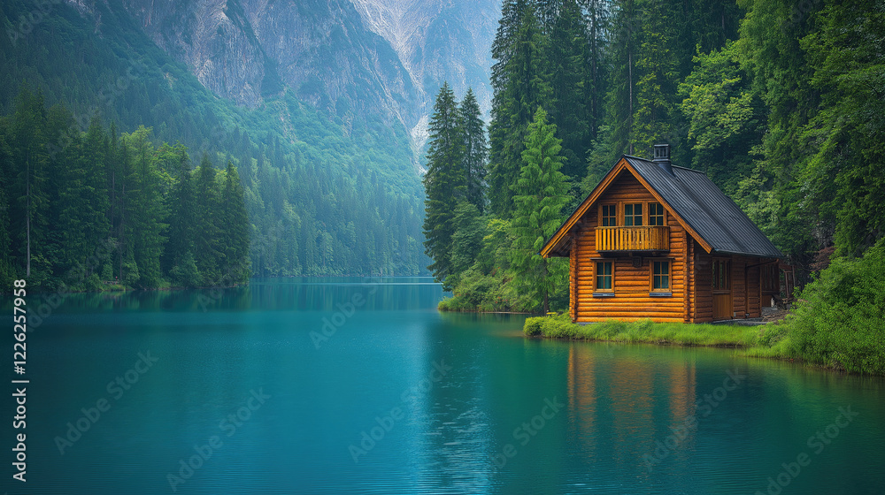 Fototapeta premium Scenic lakeside cabin amidst lush forest and majestic mountains