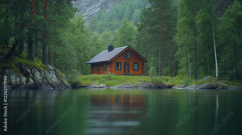 Fototapeta premium Rustic cabin in serene forest by a tranquil lake with lush greenery and pine trees