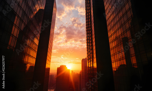 Sunset bathes the building skyline in gold, skyscrapers gleam brightly; this image is perfect for cityscape backgrounds or travel websites