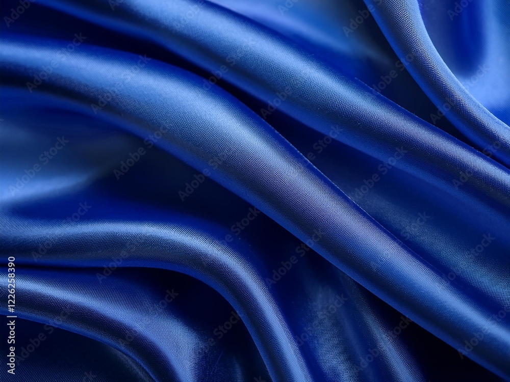Fototapeta premium A luxurious deep blue silk satin fabric with elegant, soft wavy folds. The fabric has a liquid wave effect, reflecting light beautifully. A rich navy blue tone dominates the scene