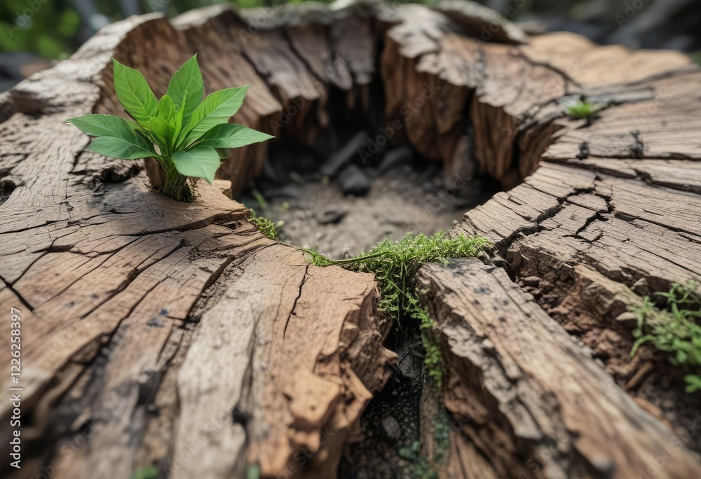 Green shoot pushing through cracks in tree stump , sprout, leafy, growth Green shoot pushing through cracks in tree stump , sprout, leafy, growth