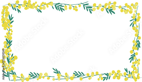 ミモザのベクターイラスト。春のミモザ装飾背景。黄色いミモザの植物背景フレーム。Mimosa vector illustration. Spring mimosa decoration background. Yellow mimosa plant background frame.