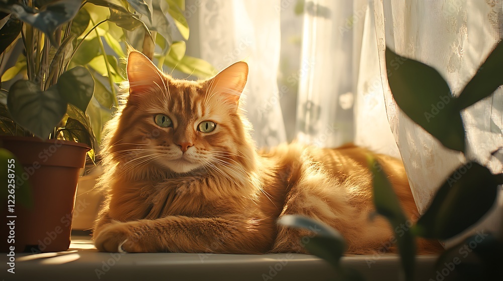 Fototapeta Ginger Maine Coon Cat Resting in Sunlit Window with Houseplants