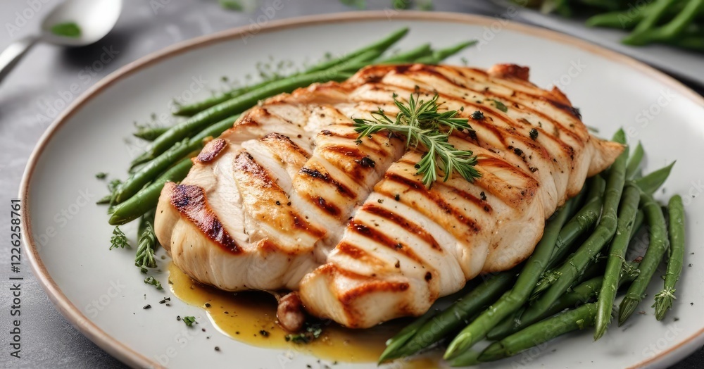 Grilled chicken breast with sliced green beans and thyme sprigs on a light grey plate , cooking, restaurant, protein Grilled chicken breast with sliced green beans and thyme sprigs on a light grey plate , cooking, restaurant, protein