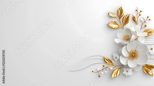 Elegant white and gold paper flowers on white background.