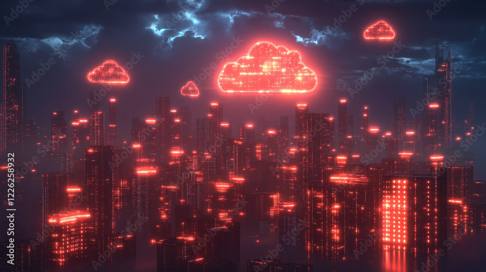 Obraz premium Futuristic cyber cityscape with glowing red digital clouds at night