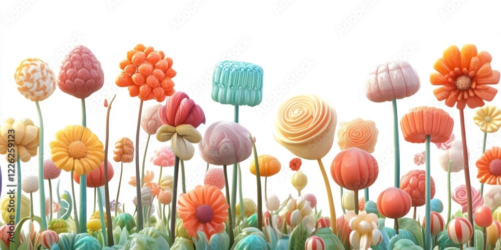 Obraz premium Colorful Candy-Like Flowers in a Whimsical Garden Against a White Background