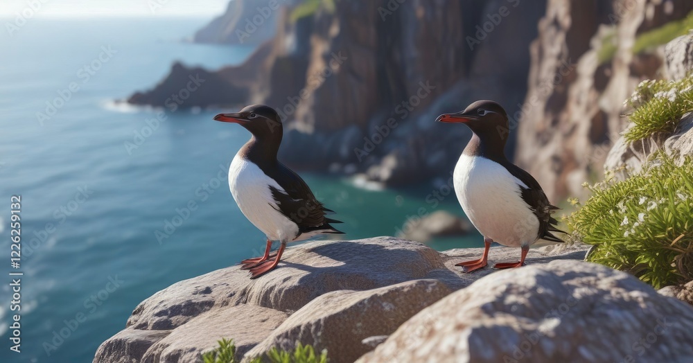 Fototapeta premium Guillemot bird resting on rocky ledge of coastal cliffs during spring migration , bird, cliffs