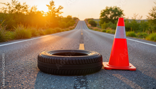 Portable tire repair kit near gravel road at sunset, roadside assistance photo