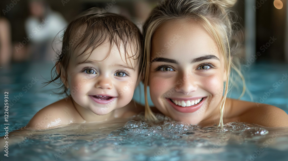 Young caucasian woman and child smiling in pool Young caucasian woman and child smiling in pool